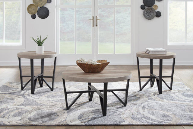 Deanlee 3-piece table set front view showing grayish brown round tabletops and black metal frames