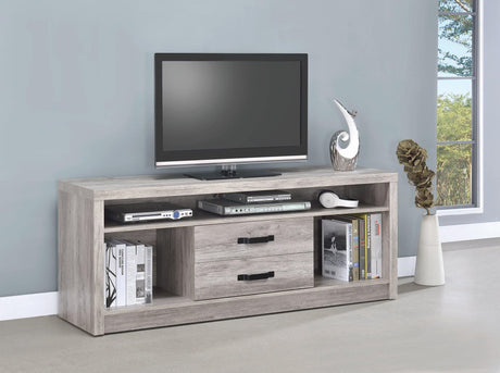 Burke 2-Drawer TV Console front view in Grey Driftwood finish