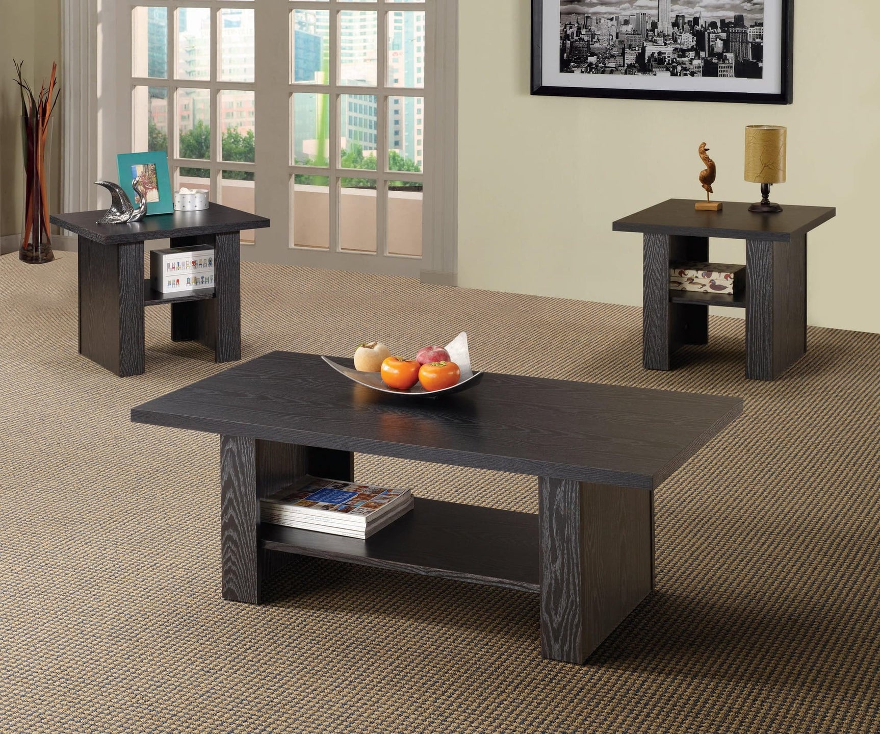 Rodez black oak coffee table front view with lower shelf
