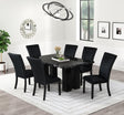 front view of Onyx Black Faux Marble dining table and six velvet upholstered chairs