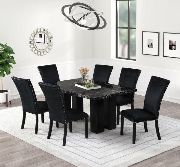 front view of Onyx Black Faux Marble dining table and six velvet upholstered chairs