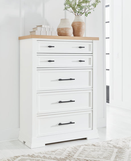 Ashbryn Chest of Drawers in white finish with natural oak top, front angle