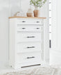 Ashbryn Chest of Drawers in white finish with natural oak top, front angle