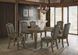 Wooden dining table and six linen chairs in Houston Brown Dining Room Set main view
