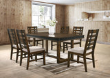 Main view of Chicago Brown Dining Room Set wood table with six linen chairs