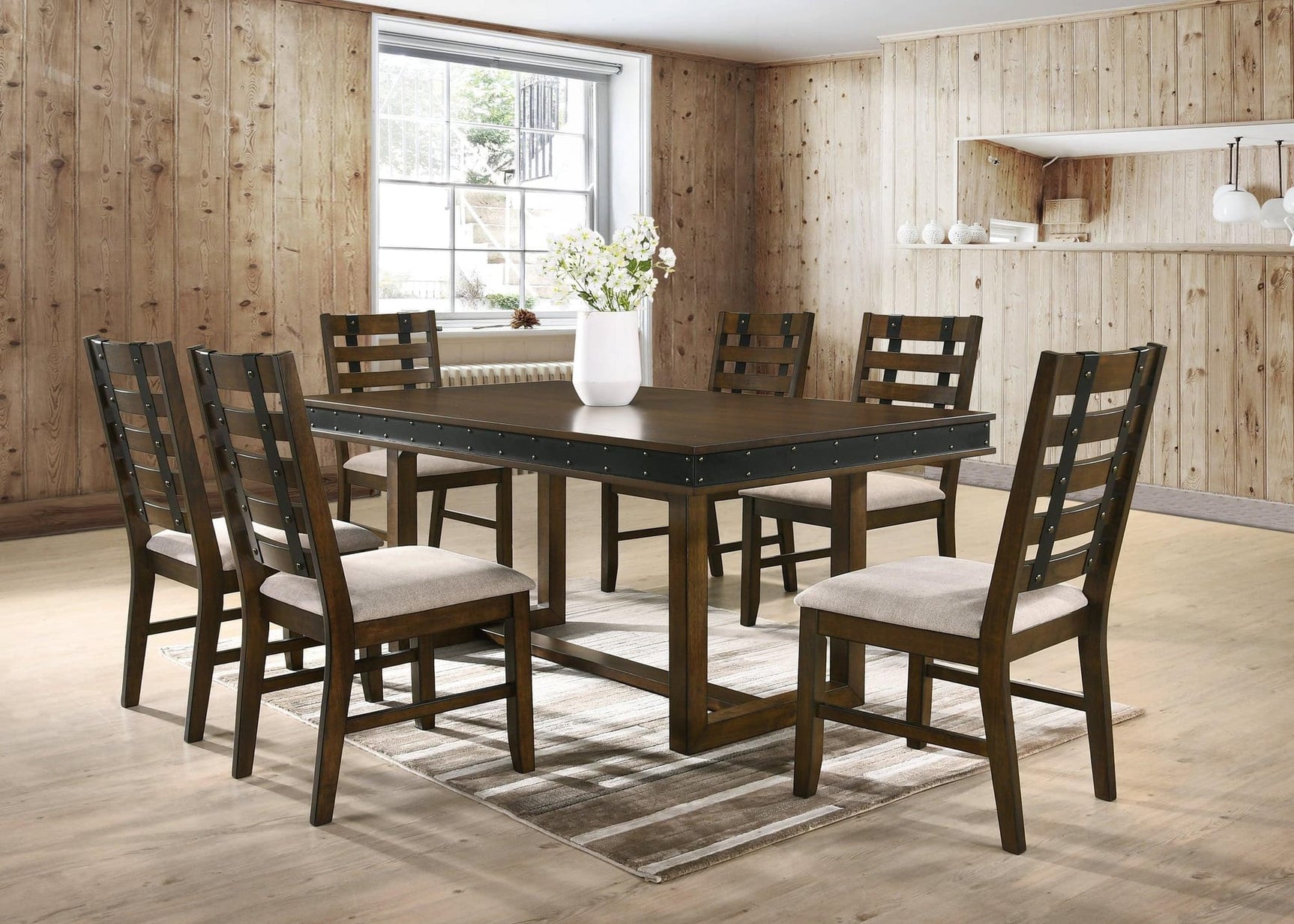 Main view of Chicago Brown Dining Room Set wood table with six linen chairs