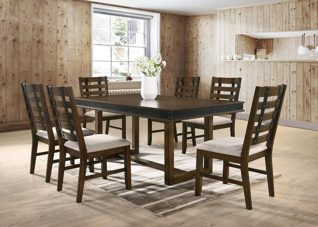 Main view of Chicago Brown Dining Room Set wood table with six linen chairs