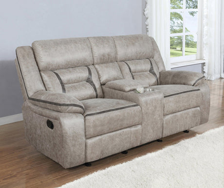 Greer tufted back upholstered glider loveseat front view