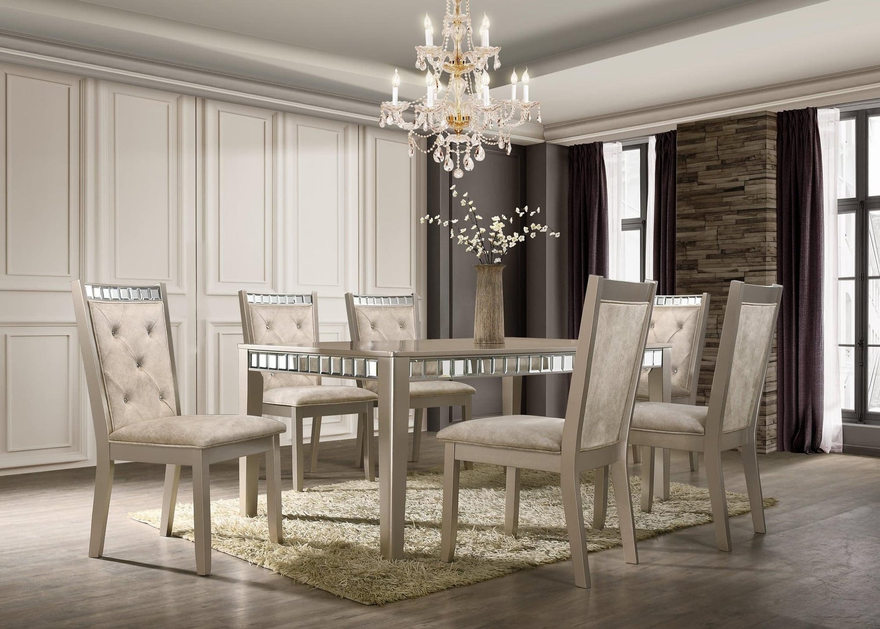 Clara Champagne Dining Room Set with table and six upholstered chairs from front angle