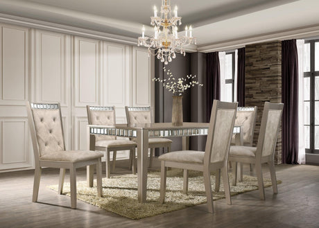 Clara Champagne Dining Room Set with table and six upholstered chairs from front angle