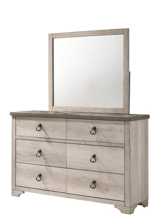 Patterson Dresser in Driftwood Gray, front view showing six drawers