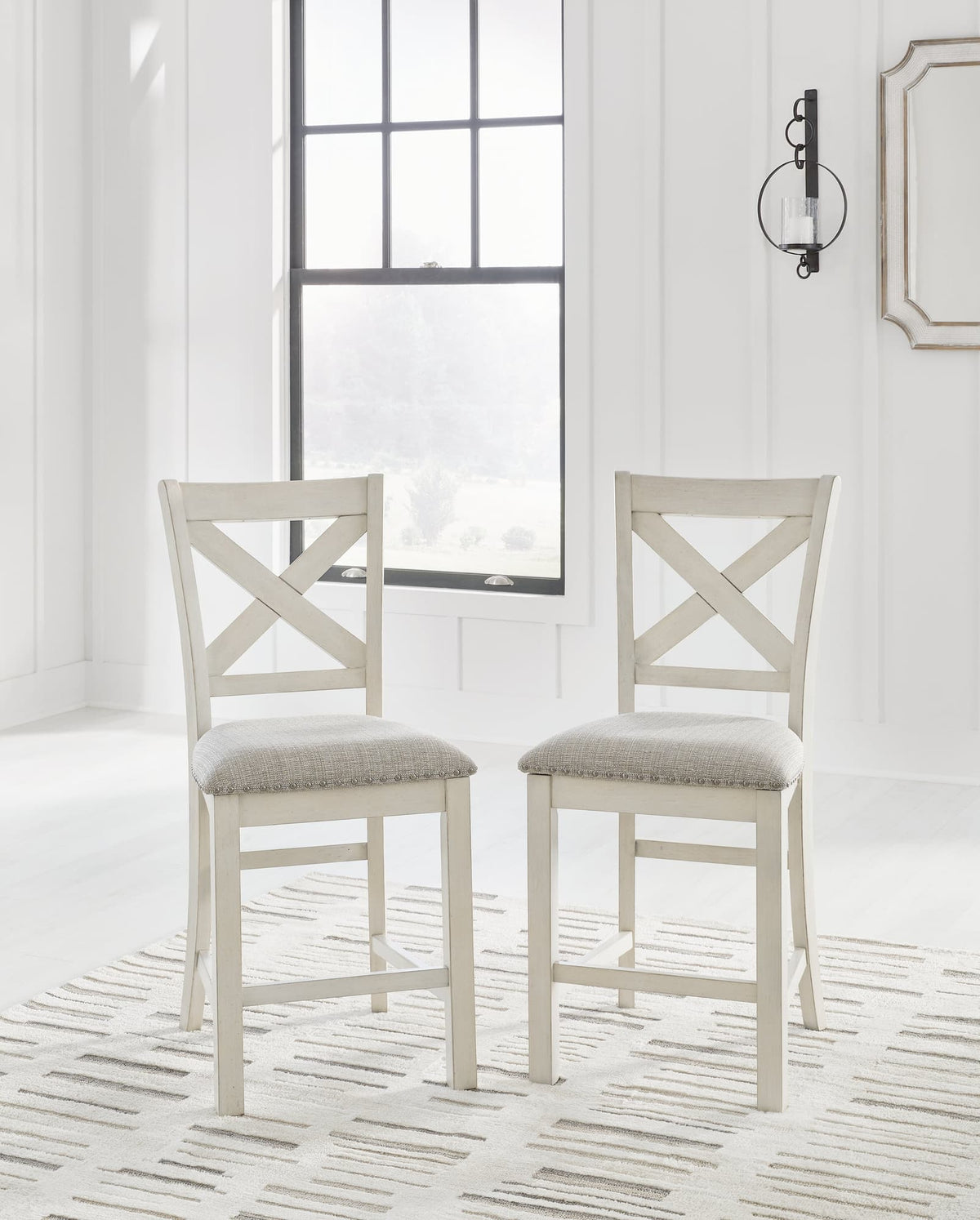 Robbinsdale Antique White Upholstered Counter Height Barstool front angle