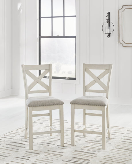 Robbinsdale Antique White Upholstered Counter Height Barstool front angle