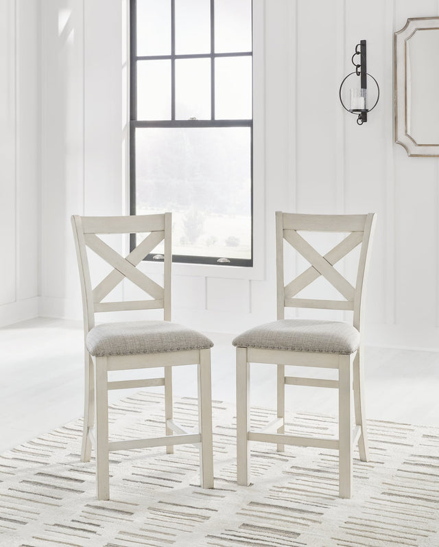 Robbinsdale Antique White Upholstered Counter Height Barstool front angle