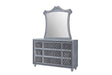 Cameo Dresser in gray velvet with 9 drawers and glass top, front view