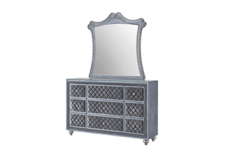 Cameo Dresser in gray velvet with 9 drawers and glass top, front view