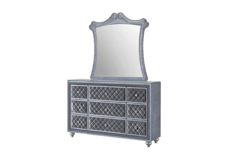 Cameo Dresser in gray velvet with 9 drawers and glass top, front view