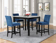 Dior Blue Velvet Counter Height Dining Set front view with four chairs