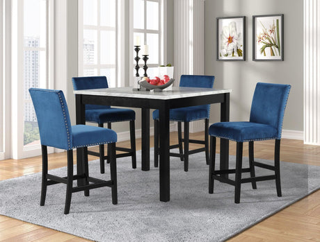 Dior Blue Velvet Counter Height Dining Set front view with four chairs