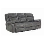 Conrad cool grey upholstered motion sofa showing manual recliner mechanism
