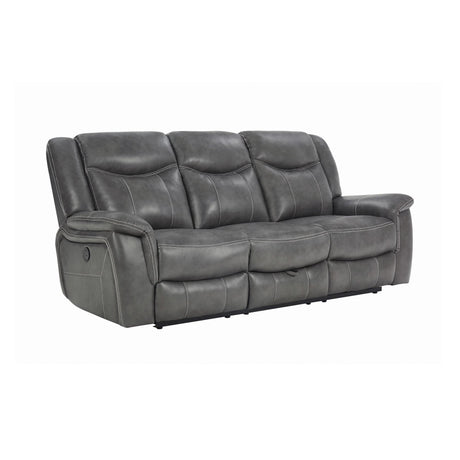Conrad cool grey upholstered motion sofa showing manual recliner mechanism