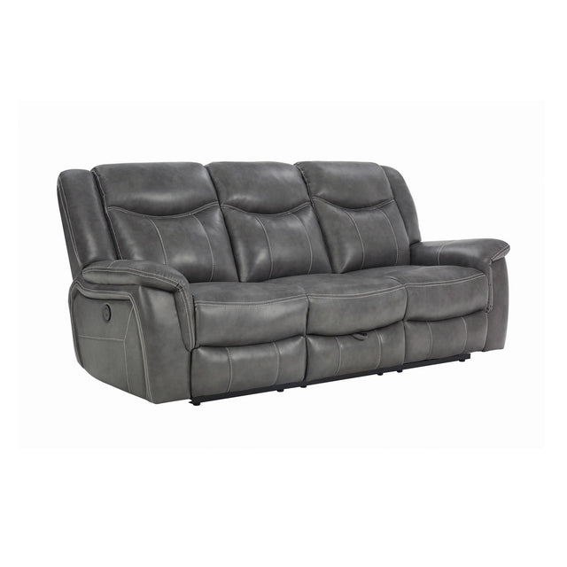 Conrad cool grey upholstered motion sofa showing manual recliner mechanism