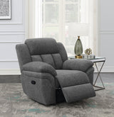Bahrain Charcoal Upholstered Glider Recliner angled front view