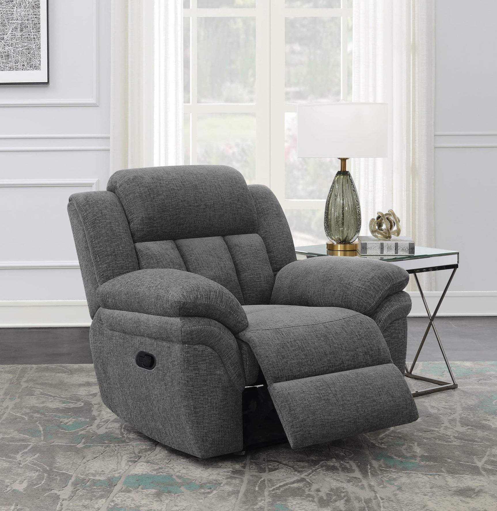 Bahrain Charcoal Upholstered Glider Recliner angled front view