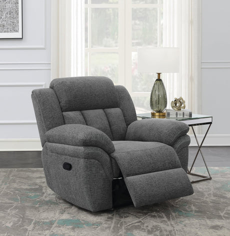 Bahrain Charcoal Upholstered Glider Recliner angled front view