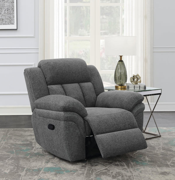 Bahrain Charcoal Upholstered Glider Recliner angled front view