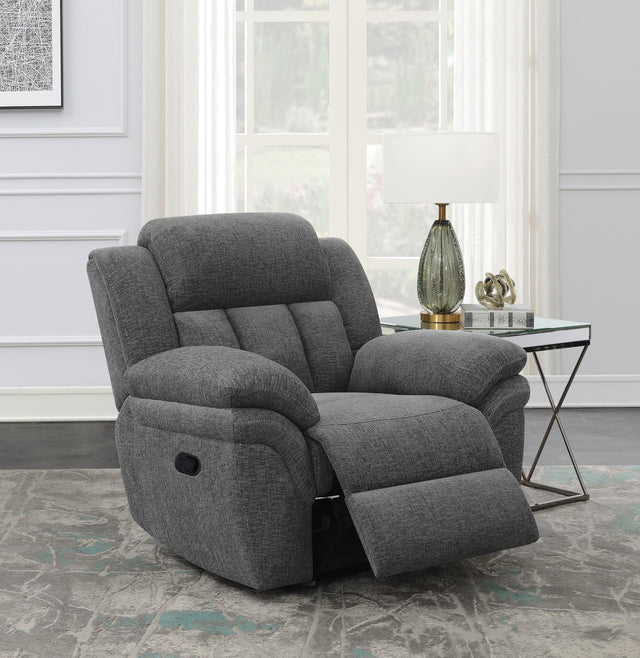 Bahrain Charcoal Upholstered Glider Recliner angled front view