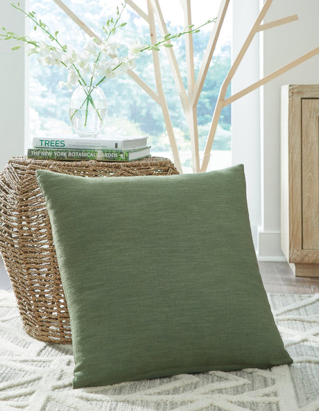 Thaneville Green Pillow front view showing woven fabric texture
