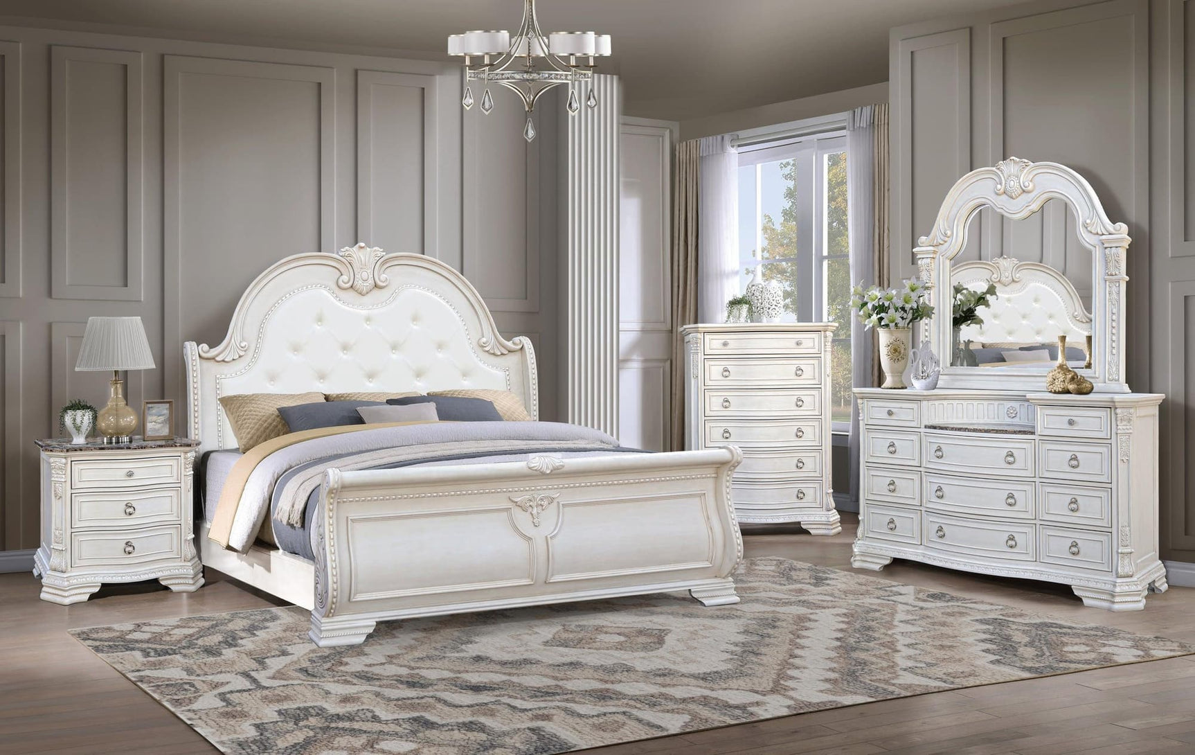 Front view of Bolla White Upholstered Tufted Sleigh bed with white upholstery