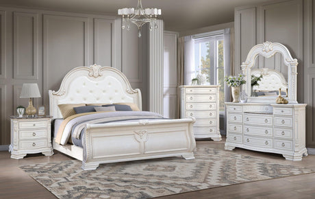 Front view of Bolla White Upholstered Tufted Sleigh bed with white upholstery