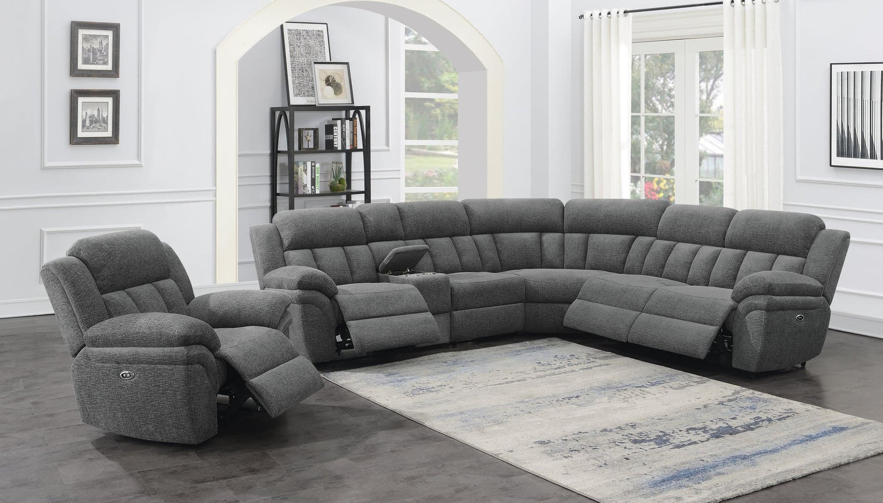 Bahrain 6-piece charcoal upholstered power sectional front view
