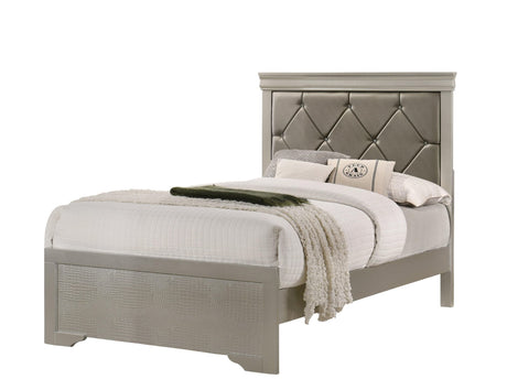 Amalia Silver Twin Faux Leather Tufted Panel Bed front angle
