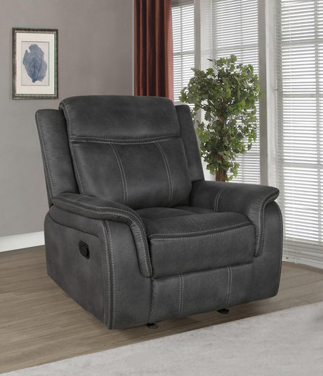 Lawrence Charcoal Grey Upholstered Tufted Back Glider Recliner front view