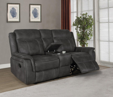 Lawrence Charcoal Grey Tufted Upholstered Motion Loveseat angled view
