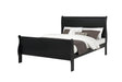 Louis Philip black twin sleigh bed front view with plush upholstered headboard
