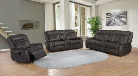 Lawrence dark grey upholstered tufted reclining living room sofa front angle