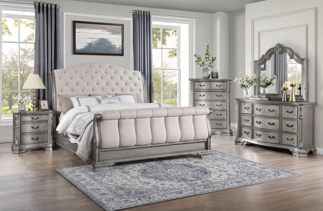Sheffield Light Gray Upholstered Tufted Sleigh Bedroom Set main bed view