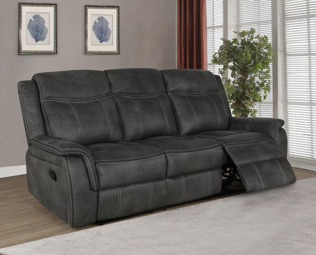 Lawrence Upholstered Tufted Back Motion Sofa front view in charcoal grey