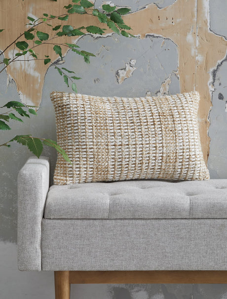Hathby tan and white pillow front view showing handwoven stripes