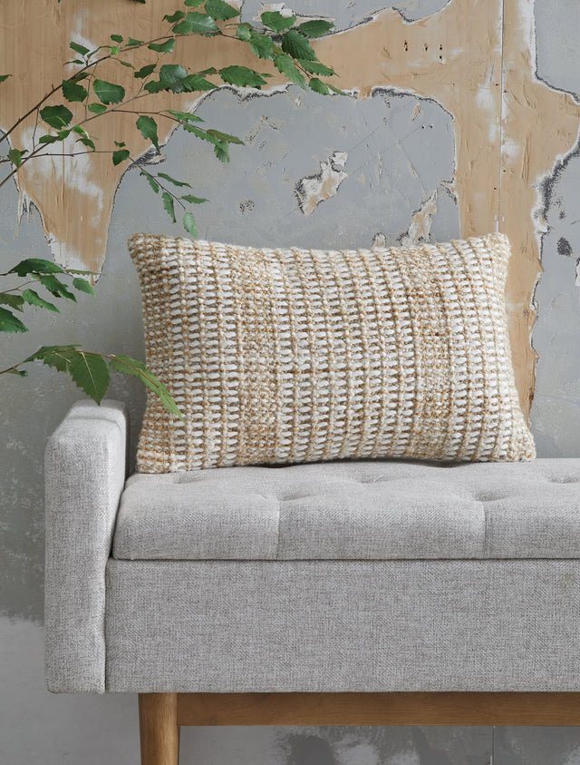 Hathby tan and white pillow front view showing handwoven stripes
