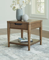 Roanhowe Brown End Table front view showing drawer and open shelf