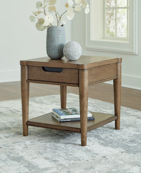 Roanhowe Brown End Table front view showing drawer and open shelf
