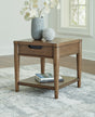 Roanhowe Brown End Table front view showing drawer and open shelf