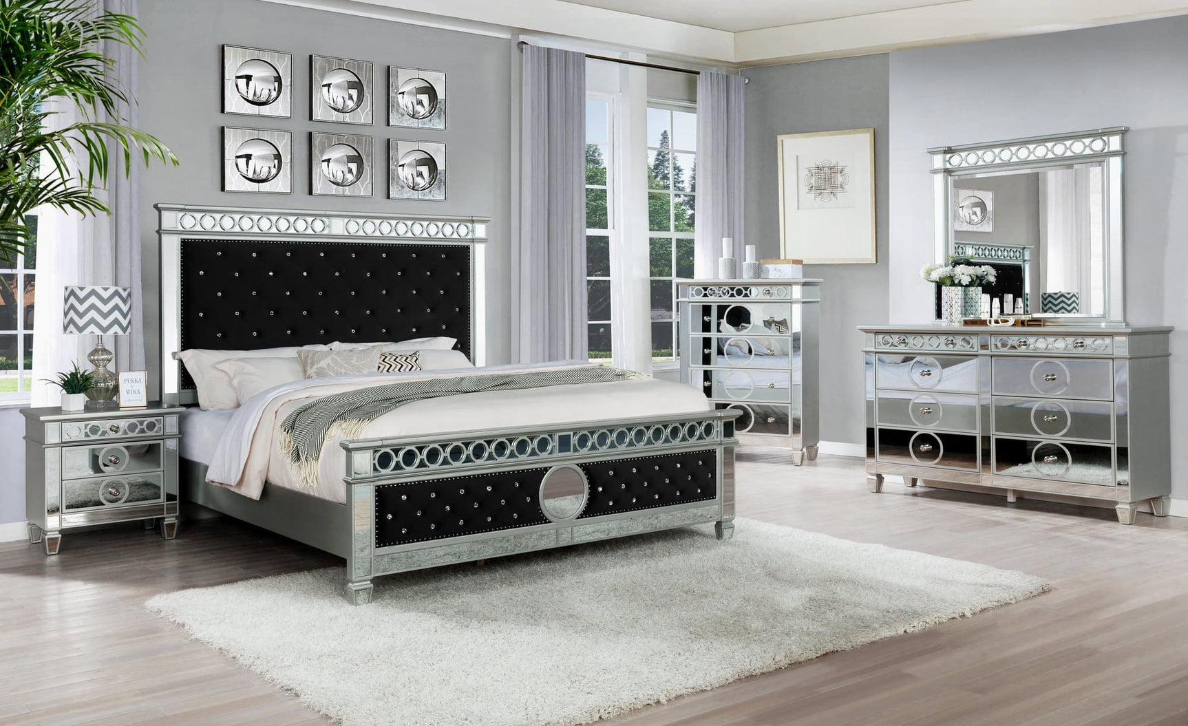 James Black Panel Bedroom Set showing bed with black velvet finish
