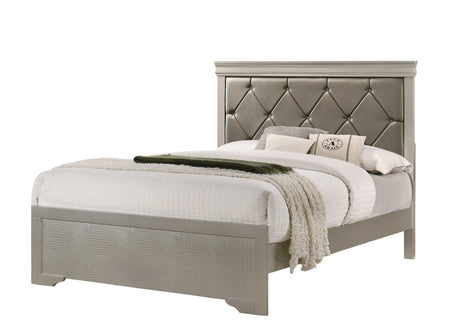 Amalia Silver Full Faux Leather Upholstered Tufted Panel Bed front view