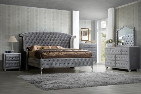 Diamond Palace gray velvet upholstered tufted wingback panel king bed main view